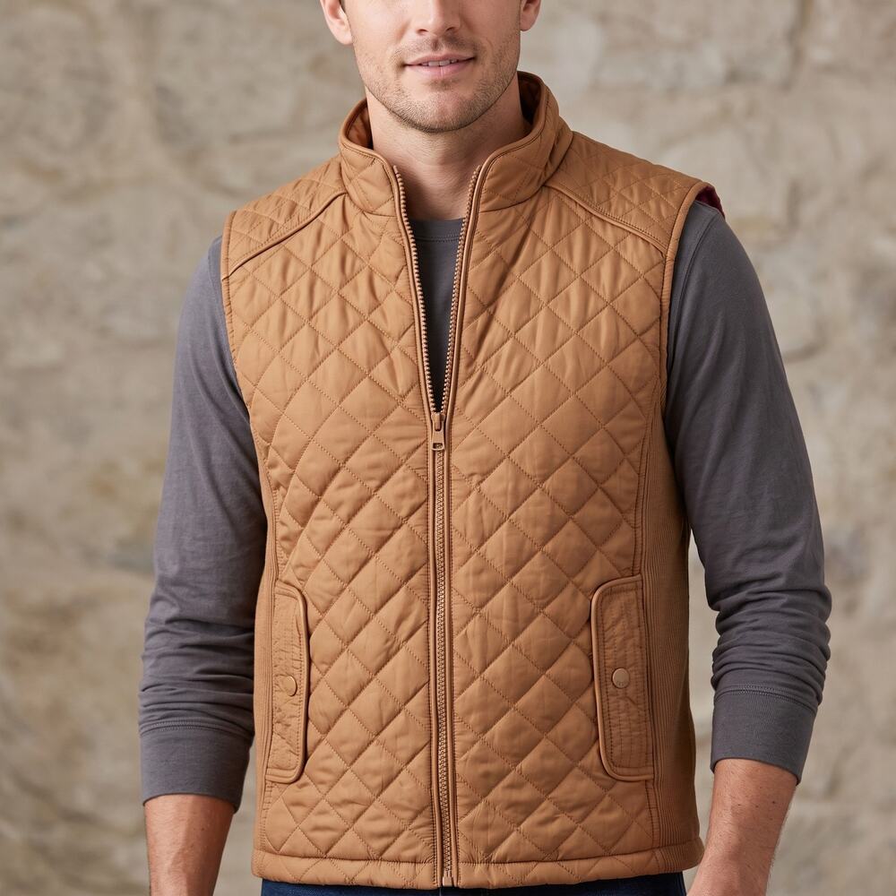 G.H. Bass Men’s Quilted Vest Tan Ribbed Panels Full Zip Outdoor Brown Size L